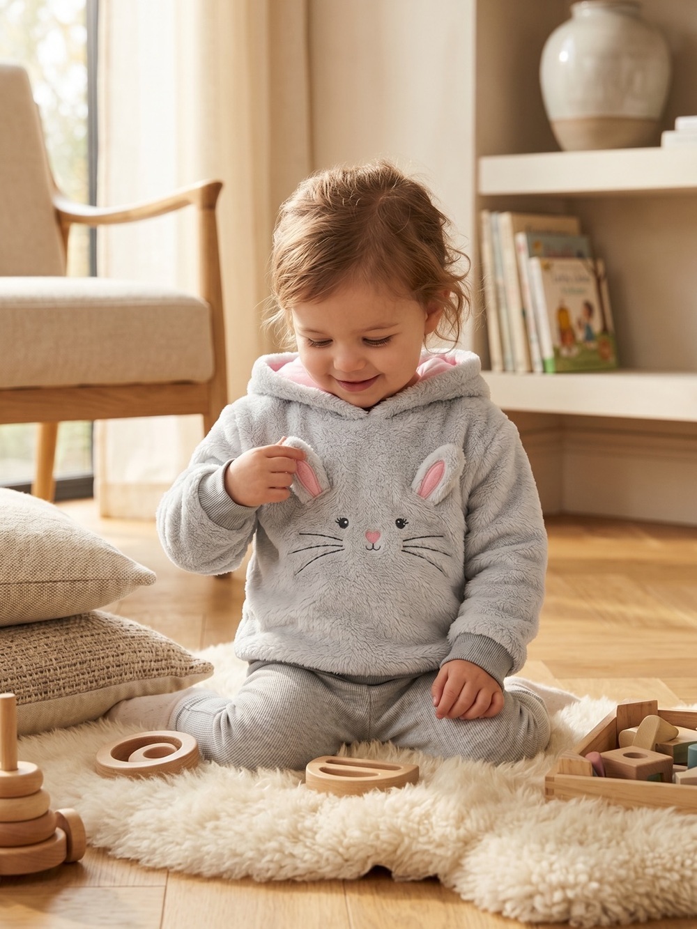 George Gray Bunny Hooded Fleece Top with Pink Ear Details